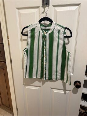 Ann Taylor Kids White and Green Striped Sleeveless Button Front Top